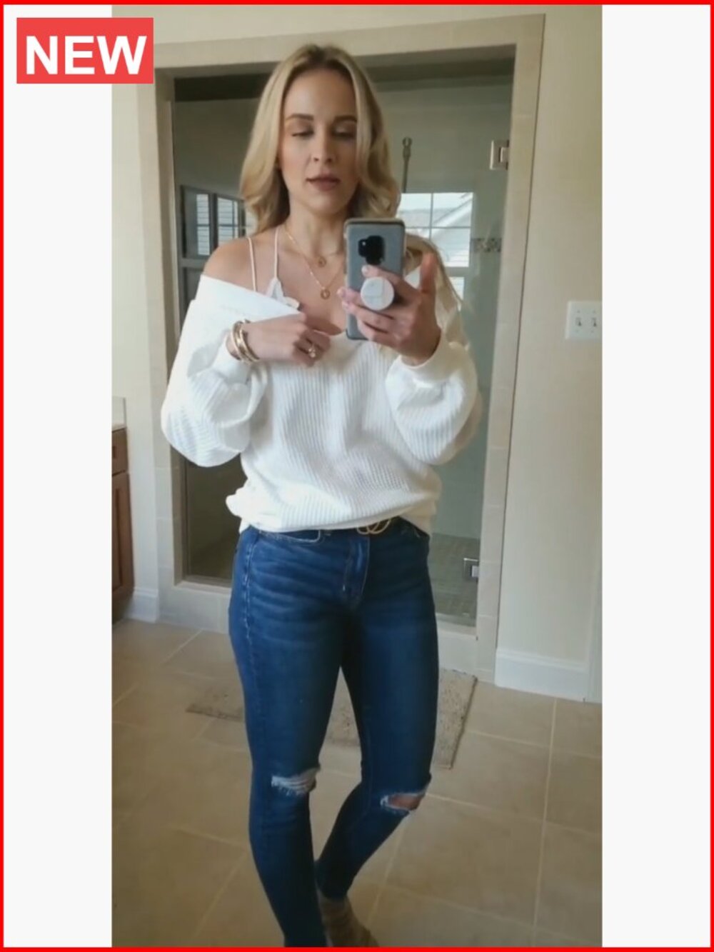 V Neck Long Sleeve Waffle Knit Off Shoulder Oversized Pullover Sweater - Picture 7 of 7